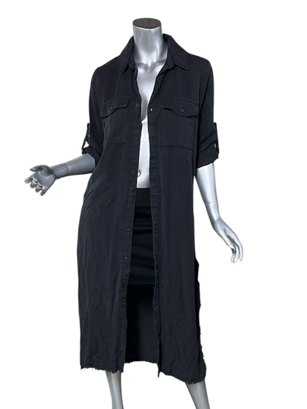 Dex Women’s SMALL Black Duster Shirt Dress Button Front Roll Tab Sleeves NEW